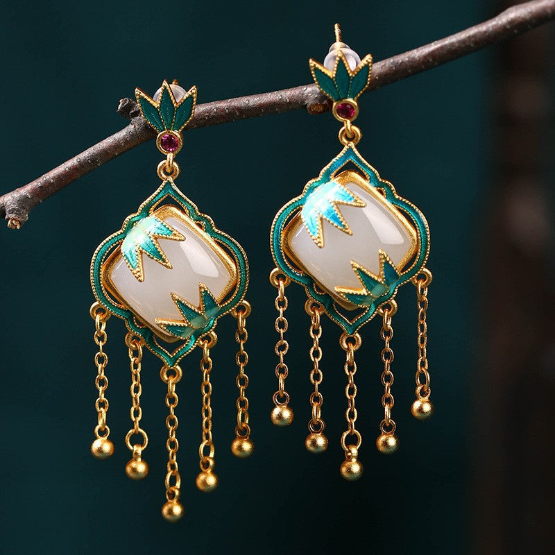 Elyuan National Fashion Accessories Women'S Ancient Style Color-Preserving Gold-Plated Imitation Jade Niche Design Vintage Earrings Gift