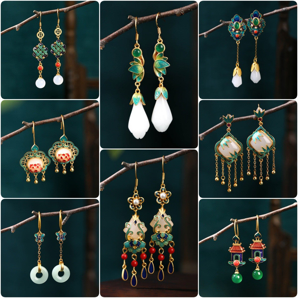 Elyuan National Fashion Accessories Women'S Ancient Style Color-Preserving Gold-Plated Imitation Jade Niche Design Vintage Earrings Gift