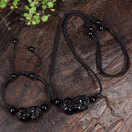 Natural Black Obsidian Pixiu Necklace And Bracelet Set Handwoven - Buddha Blessing You