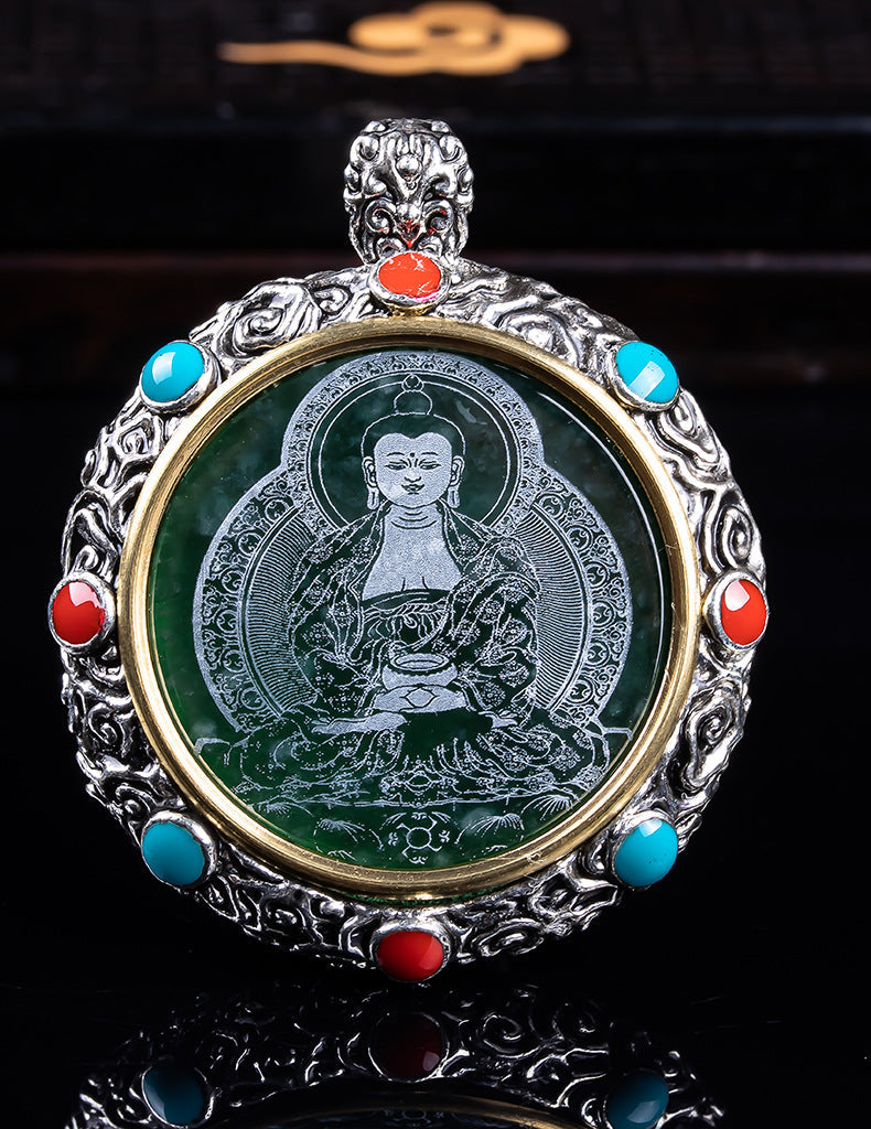 Natural A Jade Tibetan Eight Patron saint Transfer Wheel Inlaid Seiko Jade Pendant Pendant Yu Pei