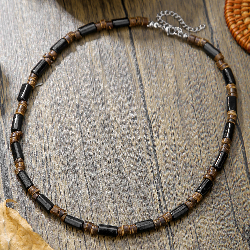 Summer Beach Bohemian Wood Chip Coconut Shell Necklace Men's Surfing Necklace Simple Tribal Stainless Steel Necklace