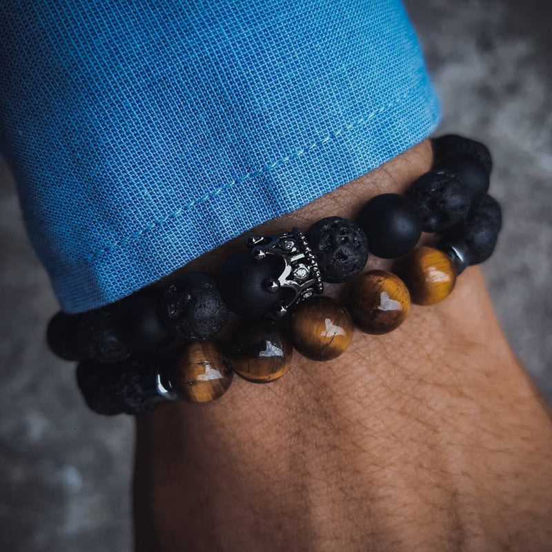 Jewelry Fashion Vintage Black Frosted Bracelet Zircon Crown Diamond Ball Dice Lion Head Beads Bracelet Suit