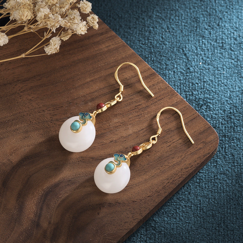 Court design synthetic Hetian jade safety buckle earrings ancient gold burning blue auspicious cloud earrings National style retro earrings for women