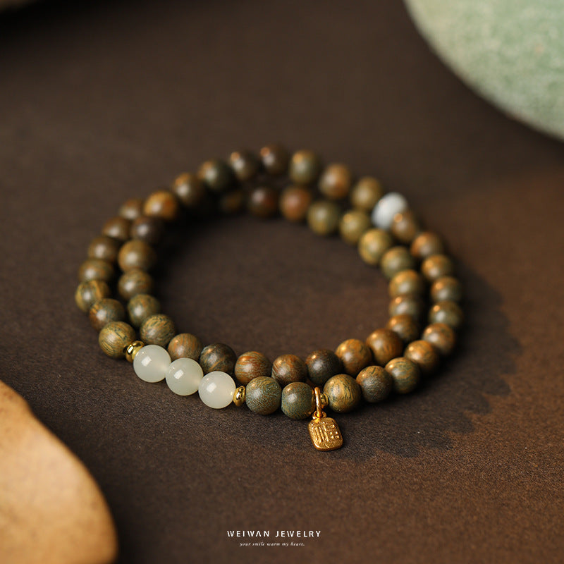"Tan Wang Qing" Natural Green Sandalwood Bracelet Female and Bracelet Niche Antique Gift Accessories