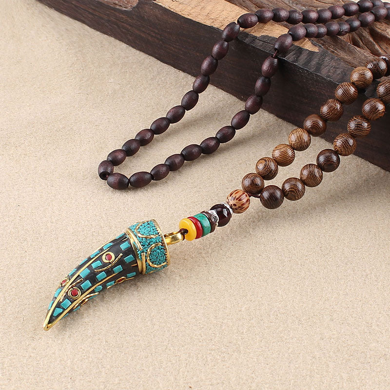 Buddha-Perlen, Nepal-Horn, Holz-Halskette, einfache lange Kette, Leinen-Accessoires, ethnischer Stil