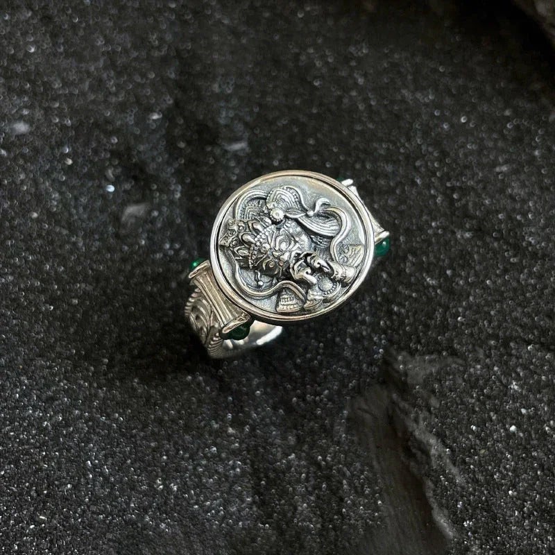 Tibetan Inspired Green Zircon Tang Grass Pattern Elegant Ring - Buddha Blessing You