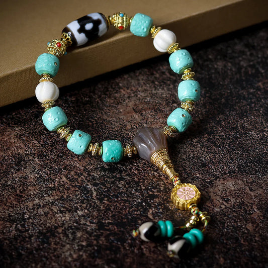 Imitation Turquoise Net Flower Vintage Barrel Bead Tiger Tooth Yak Bone Bracelet - Buddha Blessing You