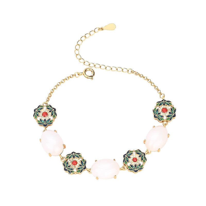 National Tide Palace Style Ancient Method Gold-plated Cold Enamel Flower Cluster Set with Imitation Hetian Jade Design Sense Niche Bracelet