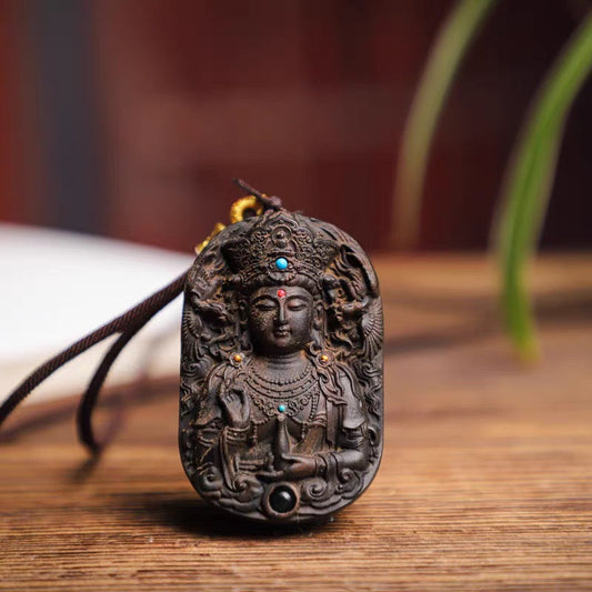 Double Sided Carved Aquilarum Pendant Featuring Guanyin And Dragon Phoenix Necklace - Buddha Blessing You