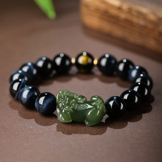 Natural Hetian Jade PI Xiu Bracelet Blue Tiger'S Eye Stone Bracelet Zodiac Buddha Bracelet - Buddha Blessing You