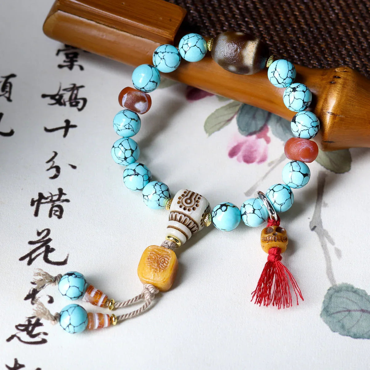 Imitation Turquoise Net Flower Vintage Barrel Bead Tiger Tooth Yak Bone Bracelet - Buddha Blessing You