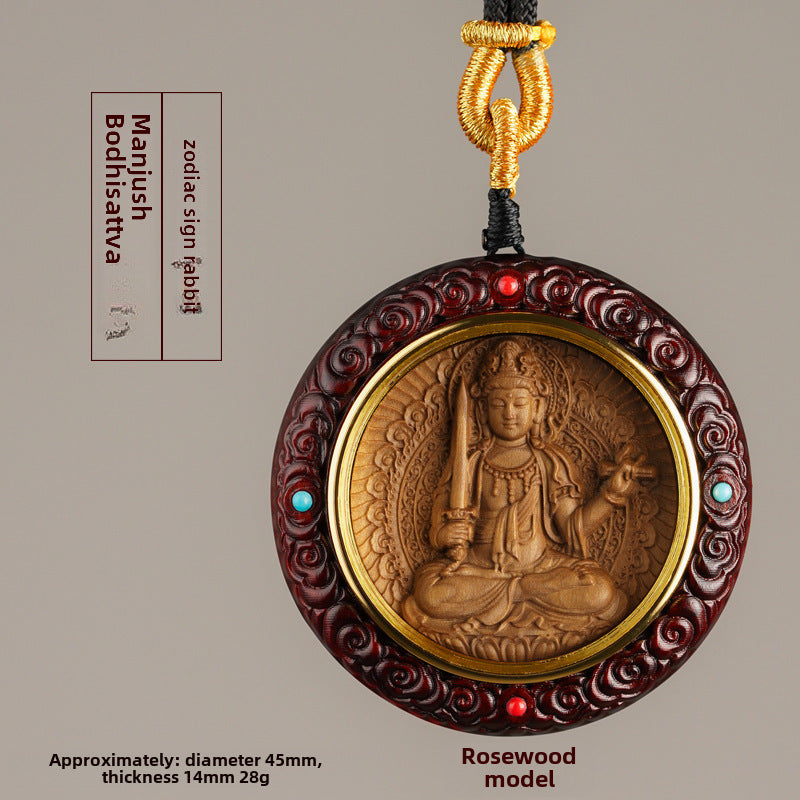 Benmingfo Round Pendant Zodiac Guardian Necklace Male and Female Samurai Bodhisattva Black Leaflet Red Sandalwood