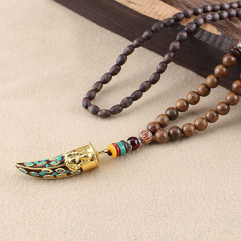 Ethnic Style Buddha Beads Nepal Horn Type Wooden Necklace Simple Personality Long Men's and Women's Woolen Chain Linen Accessories