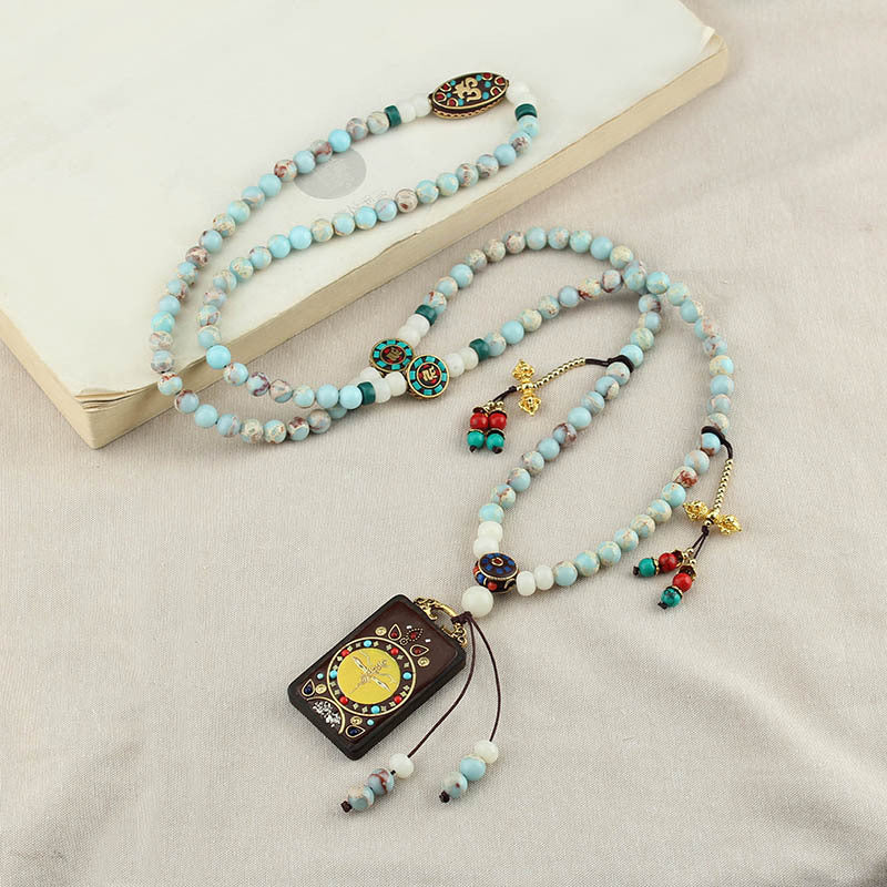 Tibetan Thangka Pendant Necklace Women'S Long Round Beads National Style Crossbody Chain Versatile Retro Ethnic Style Accessories