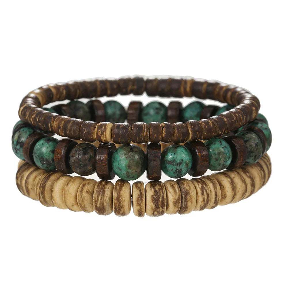 New Coconut Shell Wood Multi-layer Stacked Wear Bracelet Retro Men's Turquoise Beaded Bracelet - Buddha Blessing You