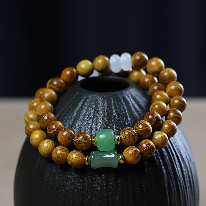 Golden Sandalwood Double Circle Bracelet Female Jade Lotus Pendant Wooden Buddha Beads Bracelet