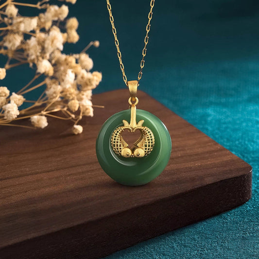 Traditional Hetian Jade Peace Symbol Fish Charm Pendant Necklace - Buddha Blessing You