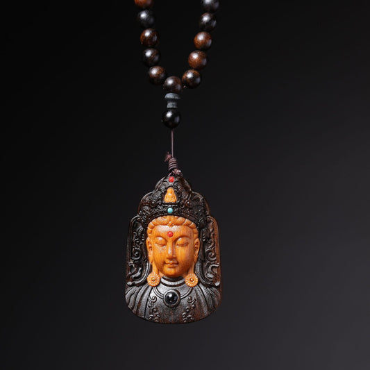 Sacred Agarwood Carved Guanyin Pendant Buddhist Wooden Necklace - Buddha Blessing You