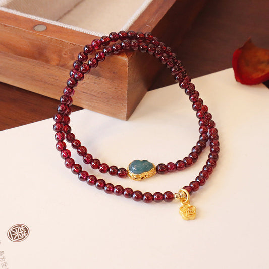 Genuine Natural Garnet Double Circle Wine Red Clean Body Blue Water Emerald Beaded Bracelet - Buddha Blessing You