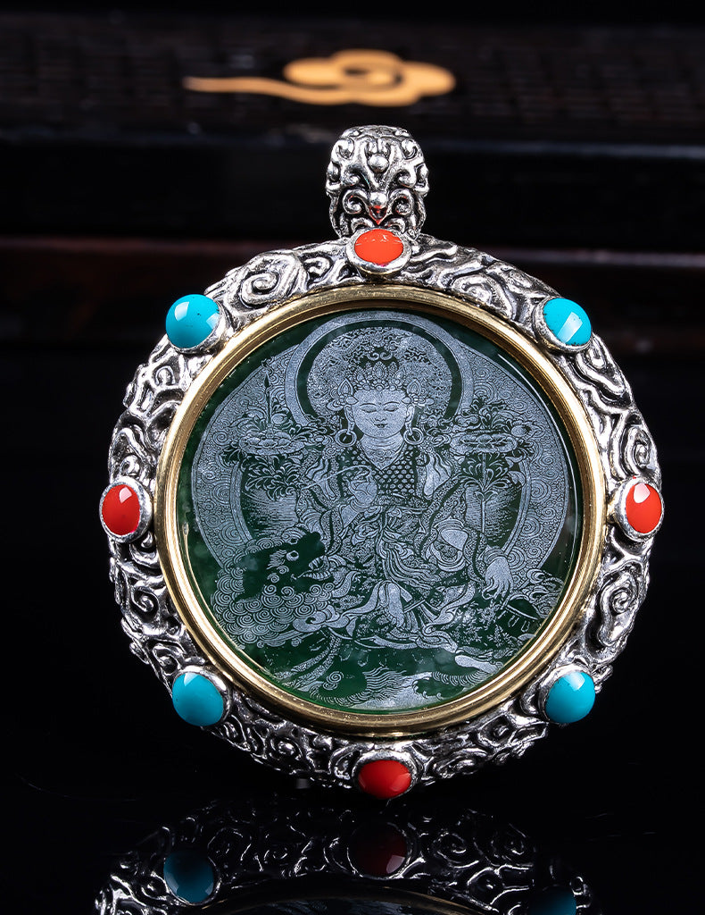 Natural A Jade Tibetan Eight Patron saint Transfer Wheel Inlaid Seiko Jade Pendant Pendant Yu Pei