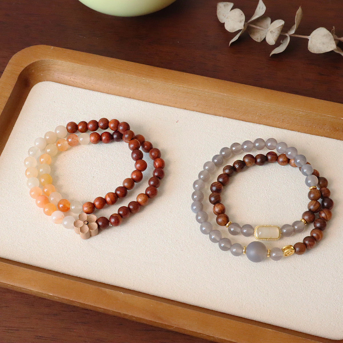 Sour Trees Black Pear Double Circle Bracelet Gold Silk Jade Wooden Transfer Beads Peach Agate Jewelry