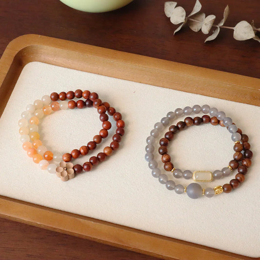 Black Pear Double Circle Wooden Beads Peach Agate Buddhist Prayer Bracelet - Buddha Blessing You