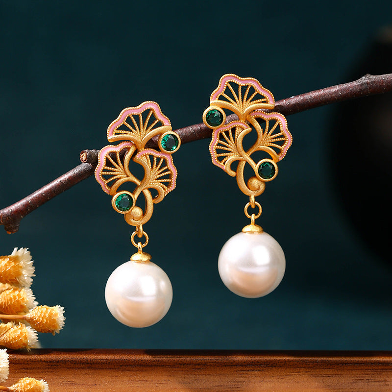 National Fashion Ancient Gold-Plated Pearl Ginkgo Leaf Stud Earrings Fashionable All-Match Mid-Ancient Earrings
