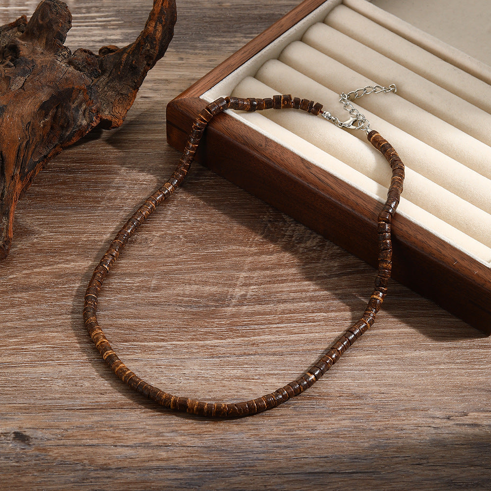 Summer Beach Bohemian Wood Chip Coconut Shell Necklace Men's Surfing Necklace Simple Tribal Stainless Steel Necklace