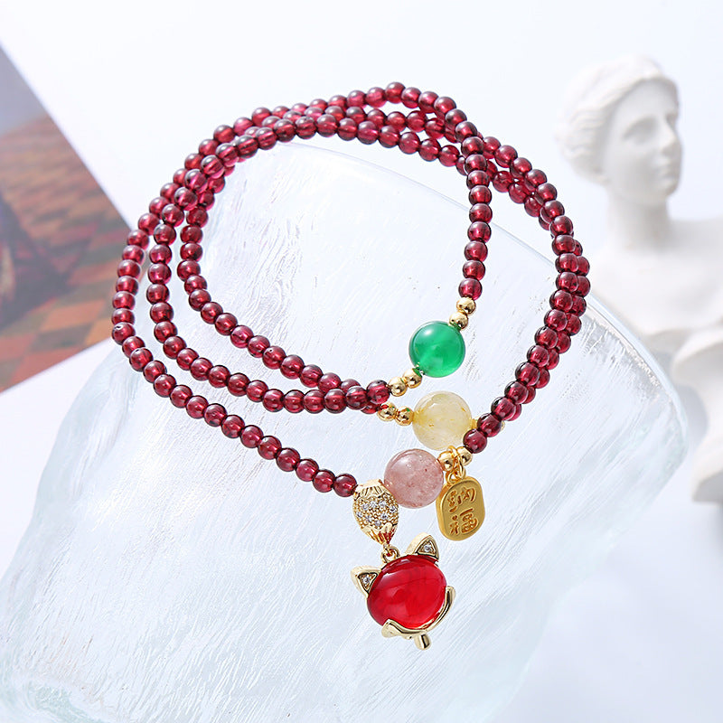 Garnet Bracelet Natural Crystal Fox Pendant Beaded Bracelet Retro Multi-Layer Fashion All-Match Jewelry