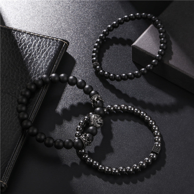Jewelry Fashion Vintage Black Frosted Bracelet Zircon Crown Diamond Ball Dice Lion Head Beads Bracelet Suit