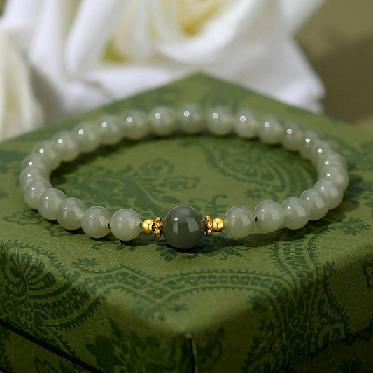 Natural Hetian Jade Bracelet With S925 Sterling Silver Beads - Buddha Blessing You