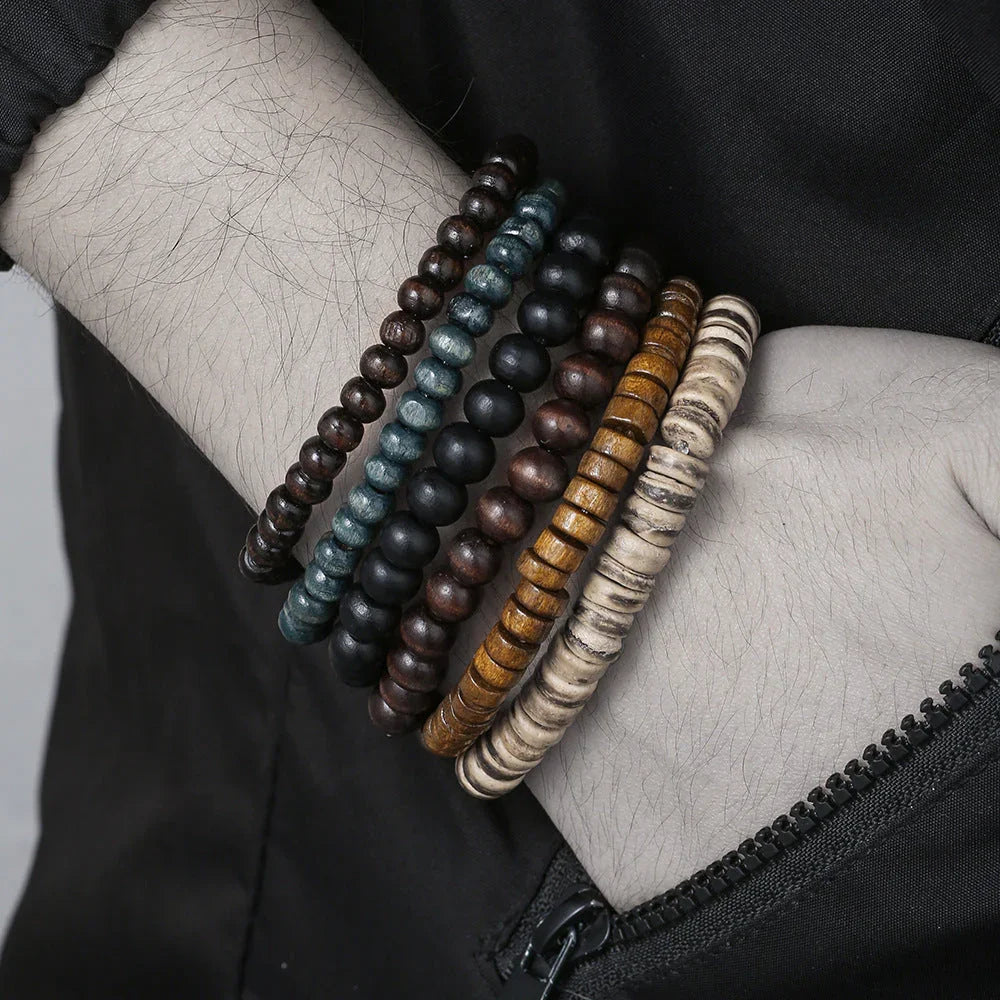 New Coconut Shell Wood Multi-layer Stacked Wear Bracelet Retro Men's Turquoise Beaded Bracelet - Buddha Blessing You
