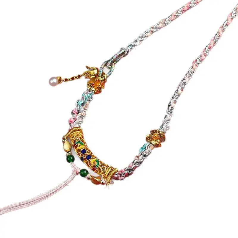 Handmade Tibetan Peach Blossom Pendant Vintage Woven Lanyard Ethnic Buddhist Necklace - Buddha Blessing You