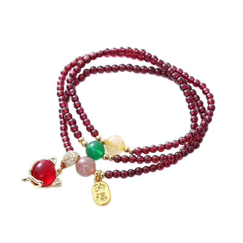 Garnet Bracelet Natural Crystal Fox Pendant Beaded Bracelet Retro Multi-Layer Fashion All-Match Jewelry