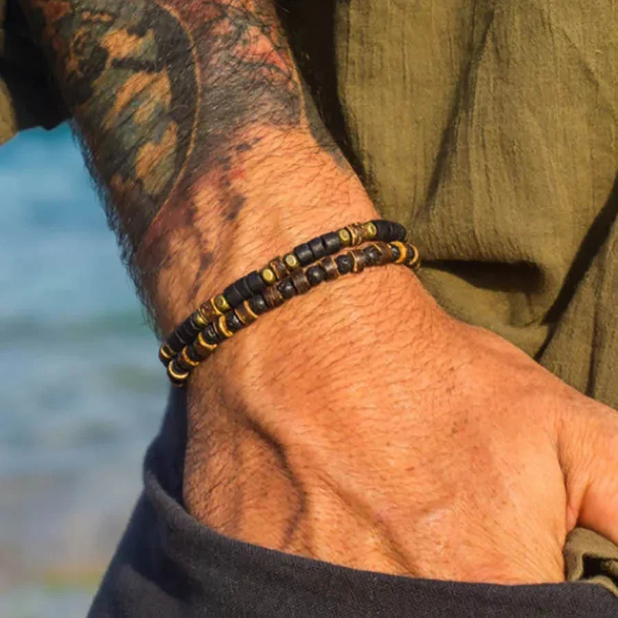 New Coconut Shell Wood Multi-layer Stacked Wear Bracelet Retro Men's Turquoise Beaded Bracelet - Buddha Blessing You