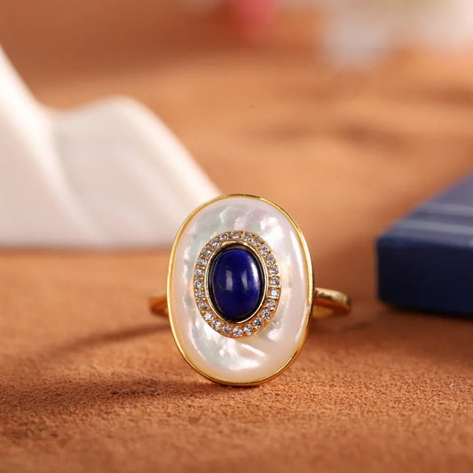 Elegant White Shell Lapis Lazuli Zircon Micro Paved Luxury Ring - Buddha Blessing You