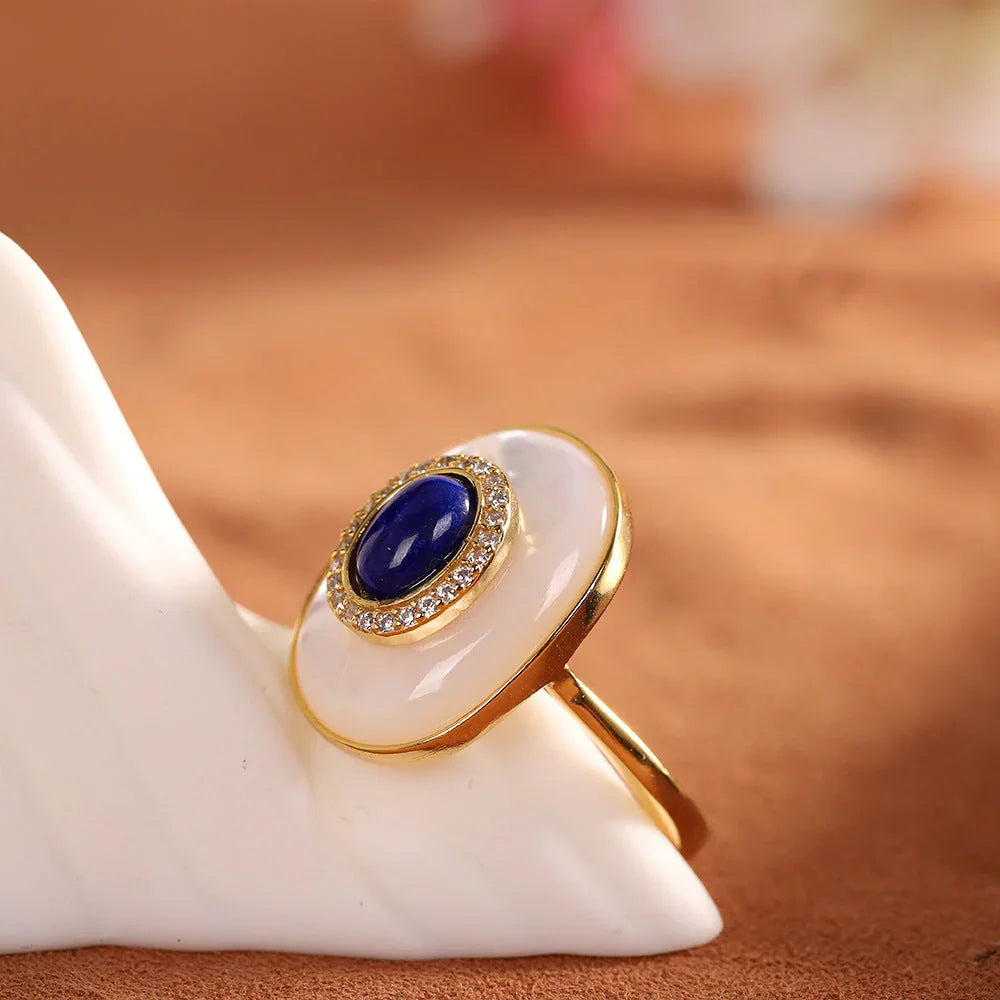 Elegant White Shell Lapis Lazuli Zircon Micro Paved Luxury Ring - Buddha Blessing You