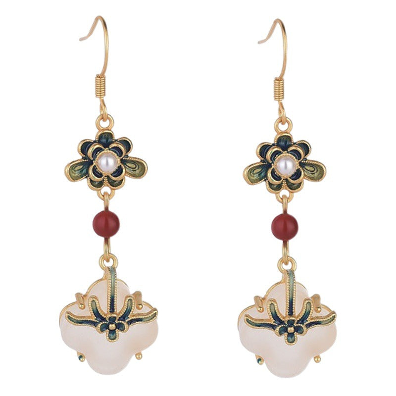 Elyuan National Fashion Accessories Women'S Ancient Style Color-Preserving Gold-Plated Imitation Jade Niche Design Vintage Earrings Gift