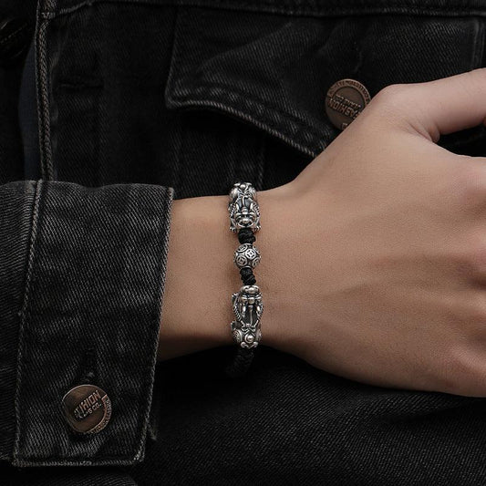 Sterling Silver Lucky Mythical Creature Rope Handmade Woven Buddhist Bracelet - Buddha Blessing You