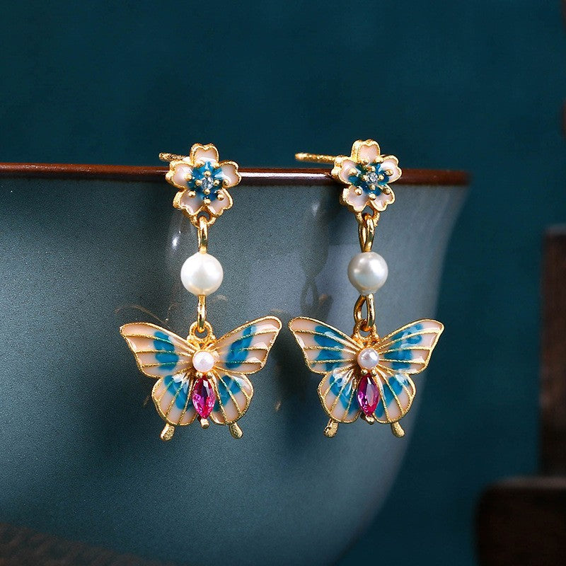 enamel gradient butterfly earrings silver needle light luxury niche design ancient style pearl earrings