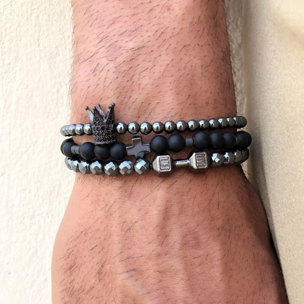 Schmuck Mode Vintage Schwarz Matt Armband Zirkon Krone Diamant Ball Würfel Löwenkopf Perlen Armband Anzug