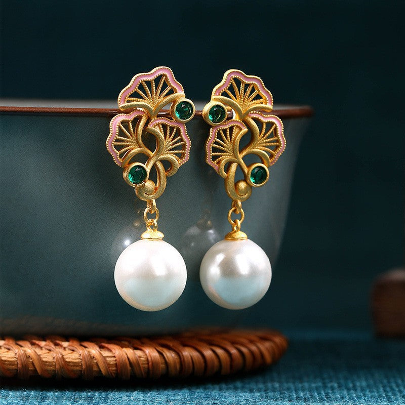 enamel gradient butterfly earrings silver needle light luxury niche design ancient style pearl earrings