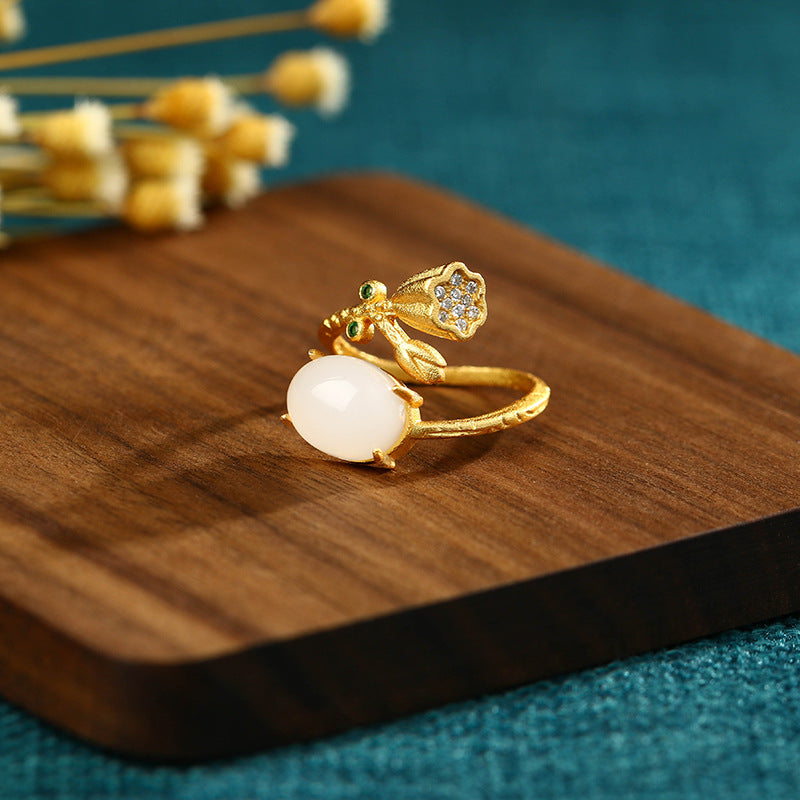 Gold Plated Imitation Hetian Jade Lotus Ring