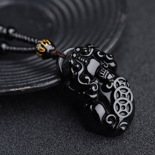 Black Obsidian Pixiu Pendant Necklace With Three Coin Design - Buddha Blessing You