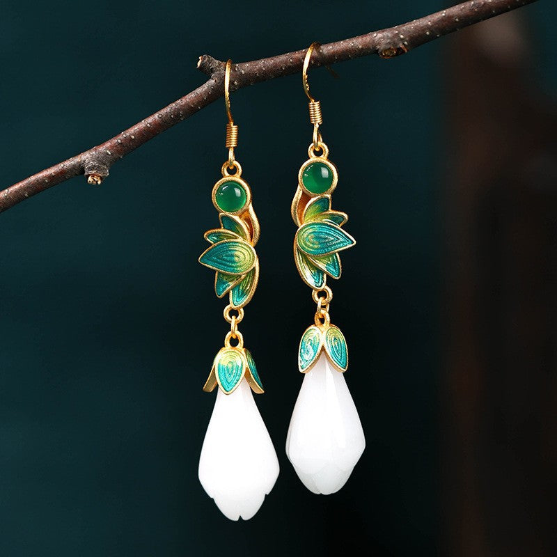 Elyuan National Fashion Accessories Women'S Ancient Style Color-Preserving Gold-Plated Imitation Jade Niche Design Vintage Earrings Gift