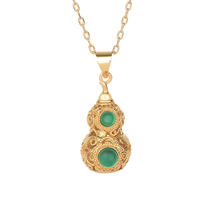 Net Red With Goods Live Supply National Style Design Famous Family Style Copper Plating 24k Ancient Gold Inlaid Chalcedony Gourd Necklace
