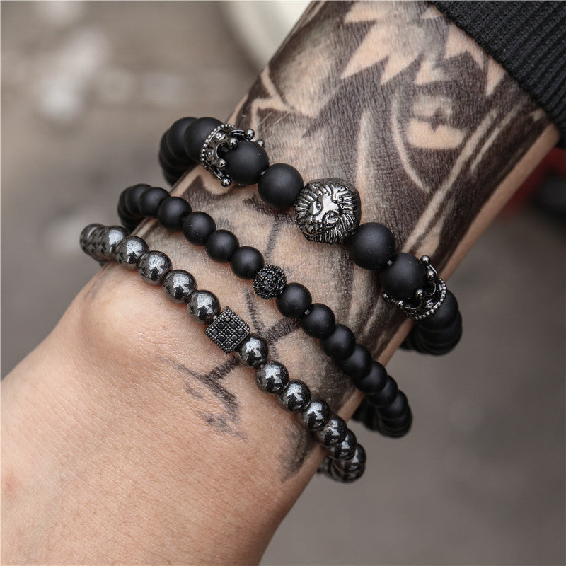 Jewelry Fashion Vintage Black Frosted Bracelet Zircon Crown Diamond Ball Dice Lion Head Beads Bracelet Suit