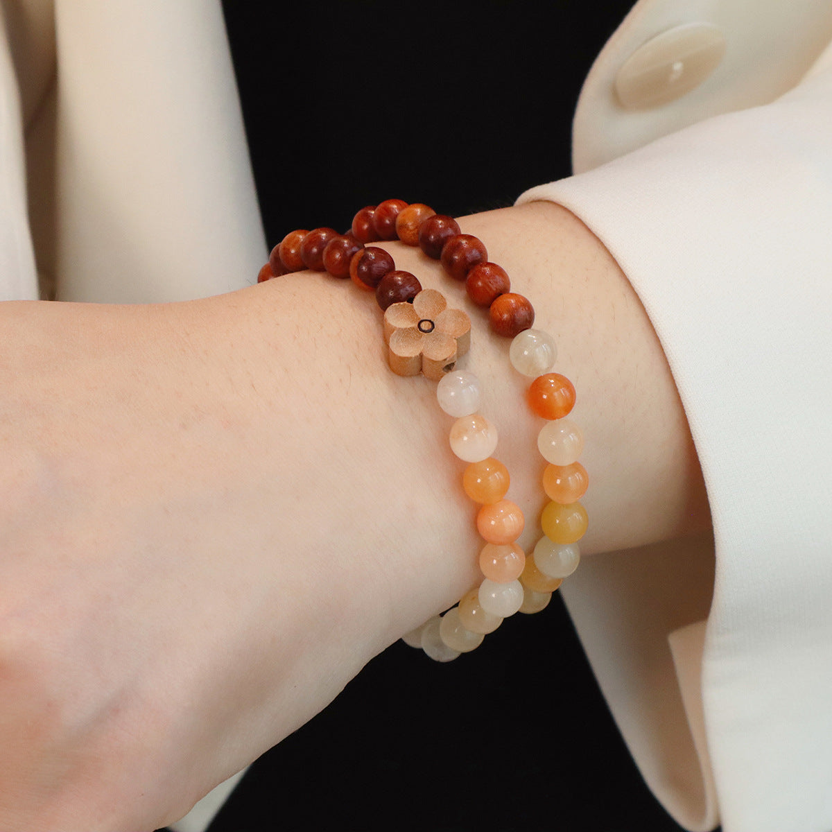 Sour Trees Black Pear Double Circle Bracelet Gold Silk Jade Wooden Transfer Beads Peach Agate Jewelry