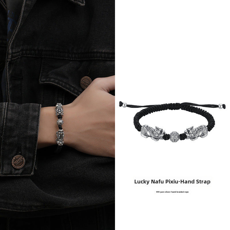 Original s999 Sterling Silver Lucky Nafu Pi Xiu Hand Rope Men's Chinese Retro Style All-match DIY Handmade Woven Jewelry