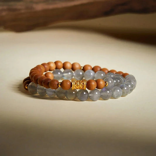 Sterling Silver Sandalwood Grey Moonstone Double Circle Beaded Bracelet - Buddha Blessing You